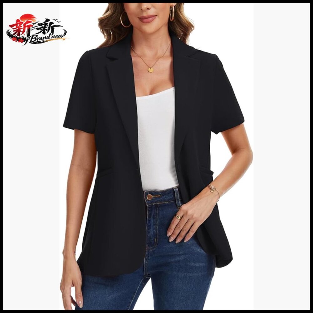 Short Sleeve Blazer Notched Lapel Button Front Jacket With Pockets
